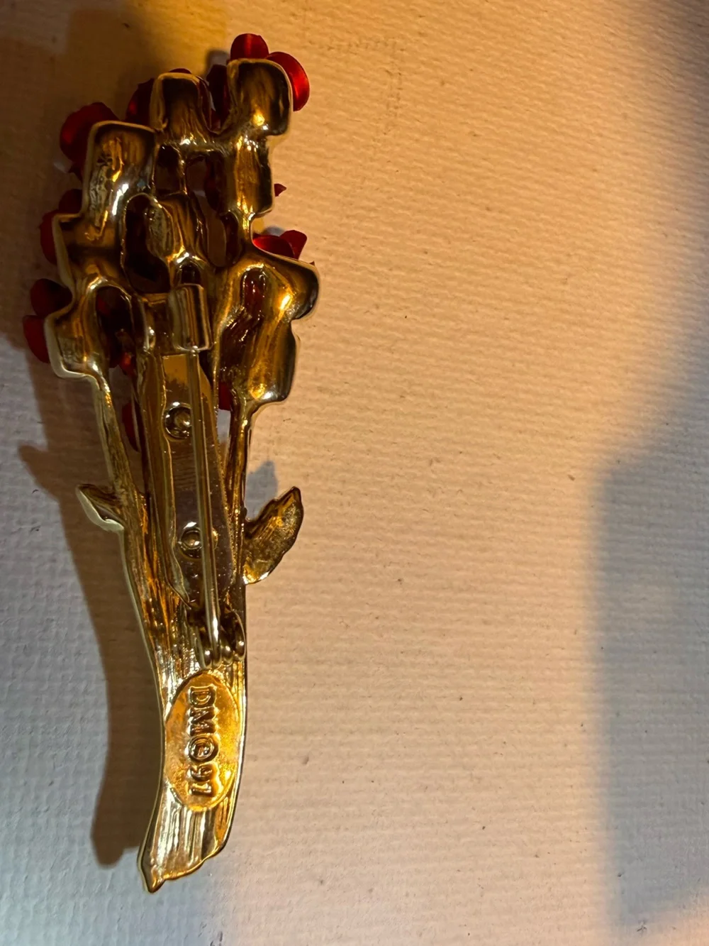 Gold-Tone Bouquet Brooch with Deep Red Enamel Flowers